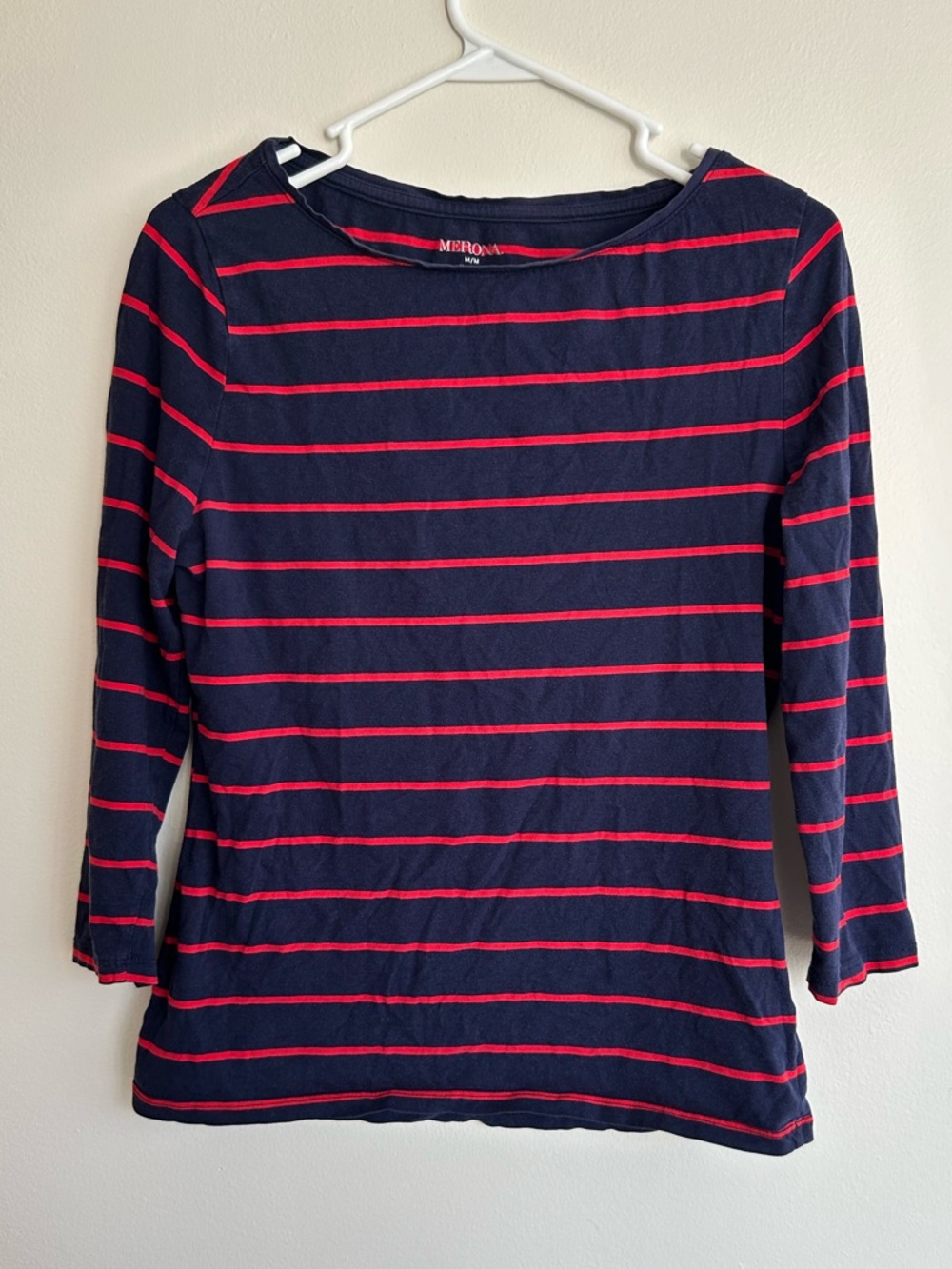 Merona Navy with Red Stripe Long Sleeve Boatneck Top